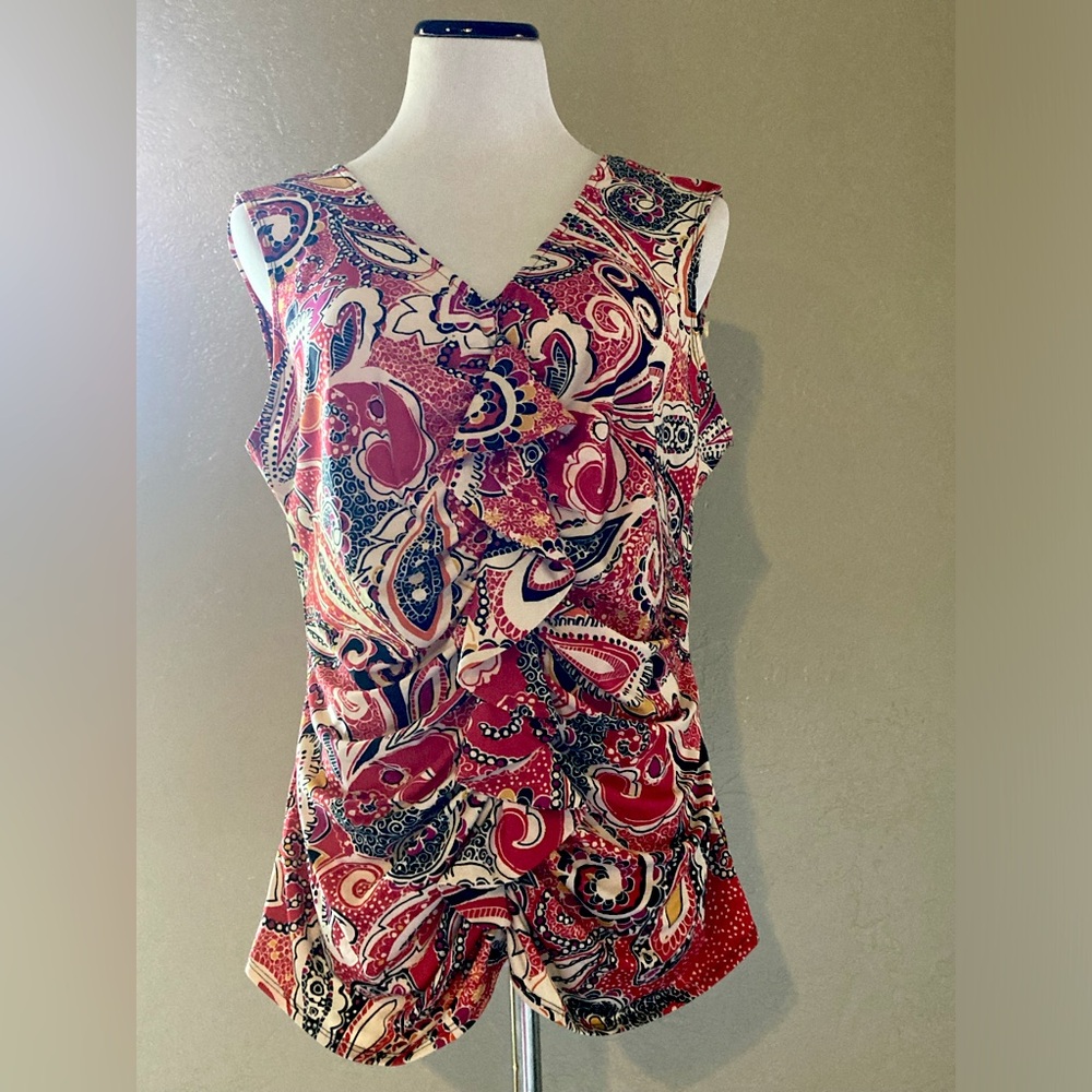 Sleeveless V Neck Ruffle Blouse with Scroll Print Size XL